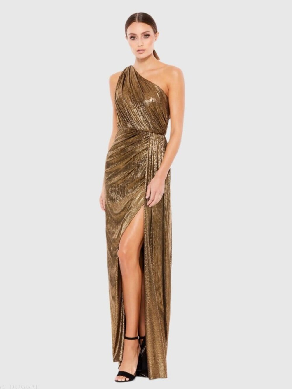 Mac Duggal Size 4 Gold 26537 Metallic One-Shoulder Maxi Gown Dress Prom Formal